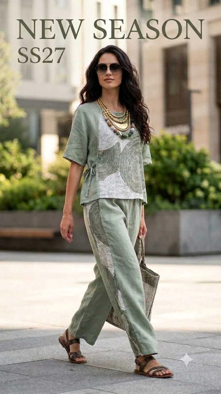 Conjunto de lino verde estampado